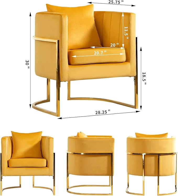 Velvet Modern Accent Chairs Set of 2, Upholstered Barrel Armchair Mid Century with Pillow for Living Room, Comfy Single Vanity Chair with Metal Gold Legs for Bedroom, Yellow