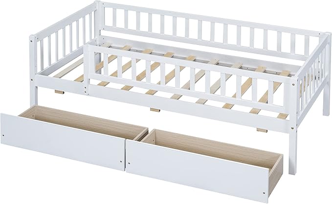 Bellemave Twin Bed Frames with Rails for Kids, Twin daybed Frame with Drawers for Boys/Girls/Adults，White