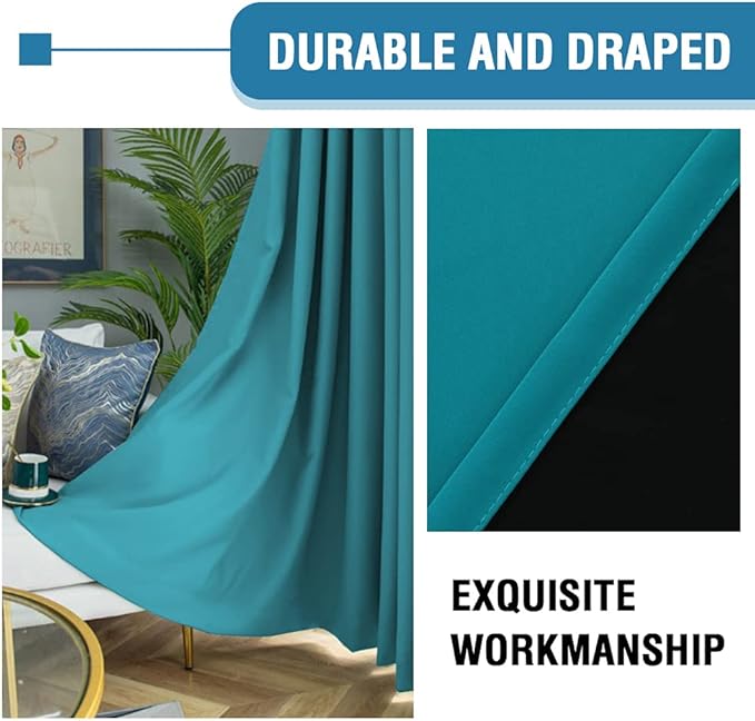 H.VERSAILTEX 100% Blackout Curtains for Bedroom Thermal Insulated Blackout Curtains for Living Room 63 Inches Long Rod Pocket Curtains with Black Liner 2 Panels Set, Turquoise Blue