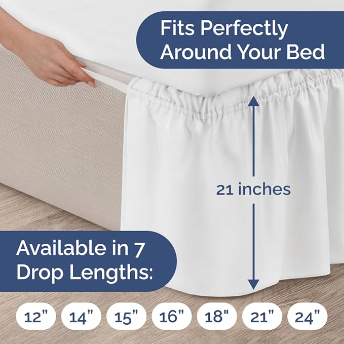 Wrap Around Dust Ruffle Bed Skirt - White - for King Size Beds with 21 Inch Drop - Easy Fit Elastic Strap - Adjustable Pleated Bedskirt w/Brushed Fabric - Wrinkle Free - for Women, Men, Kids & Teens