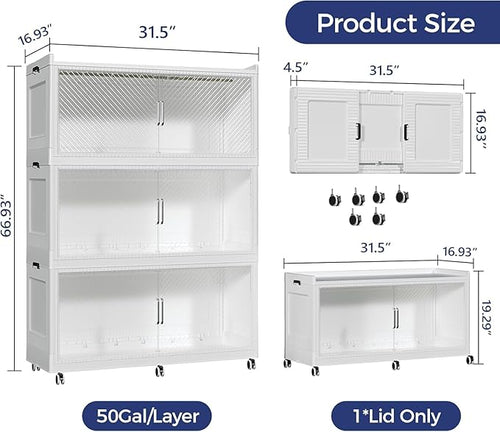 150GAL Extra Large Storage Bins with Lid, 600QT Collapsible Organizer with Wheels, Stackable Closet Cabinet with Doors, Folding Storage Containers for Home, Office, Kitchen, 3Pack White