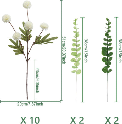Faux White Kiku Flower, 10 Stems with 5 Heads Each & 4 Branches Eucalyptus Stems, Artificial Small Mini Chrysanthemum Flowers for Aesthetic Room Decor, Floral Arrangements Centerpiece