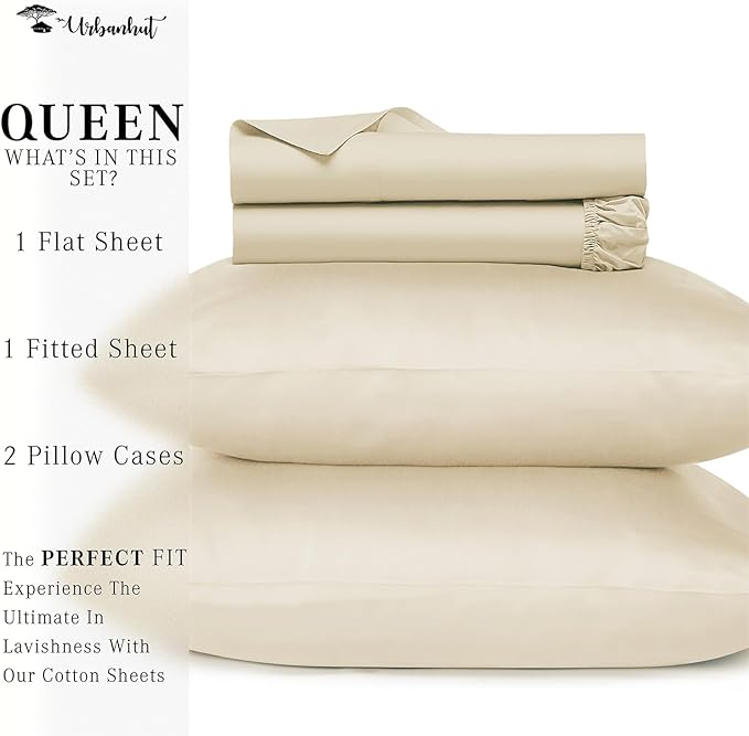 URBANHUT 800 Thread Count 100% Cotton Queen Size Sheets, Luxury 4 Piece Queen Bedsheets, Hotel Sheets Sateen Finish - Better Than Egyptian, 16" Elasticized Deep Pocket - Ivory