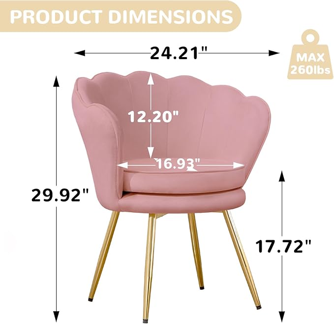 Velvet Vanity Chair with Back, Mid-Century Modern Small Accent Chair for Living Room, Golden Metal Legs Upholstered Makeup Chair, 1Pcs Bedroom Armchair, Pink