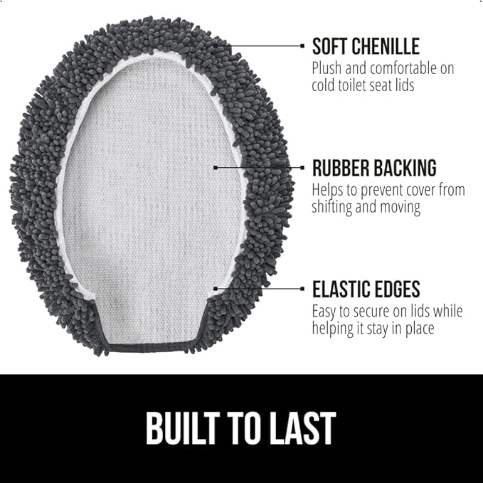 GORILLA GRIP Soft Chenille Bathroom Toilet Lid Cover, Machine Washable Seat Covers, 19.5x18.5, Stays in Place Rubber Backing, Fits Most Round, Elongated and Oblong Lids, Accessories Decor, Charcoal