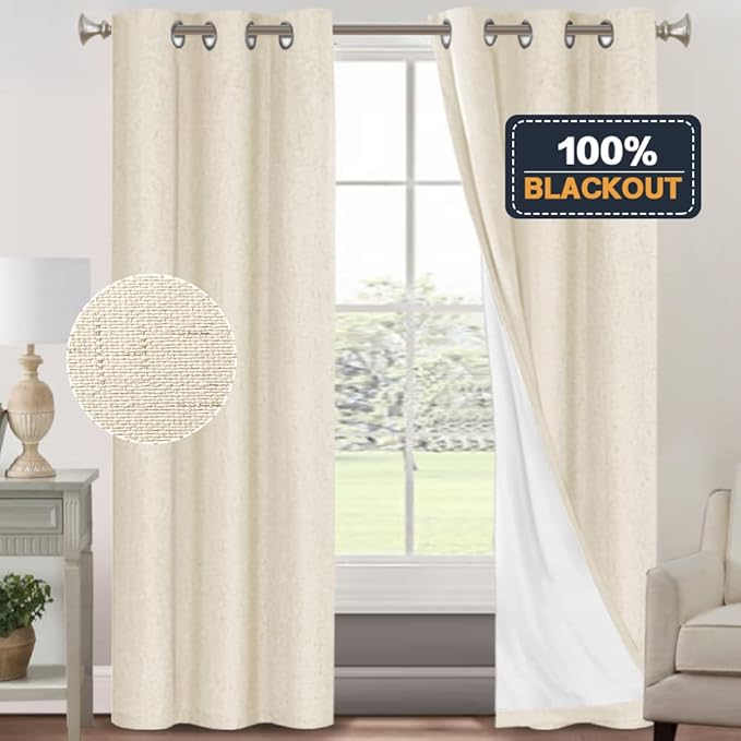 PrinceDeco Linen Blackout Curtains 84 inch Length 2 Panels Set 100% Blackout Linen Texture Curtains for Bedroom Living Room Window Treatment Drapes with White Liner,Bleached Sand,42" W x 84" L
