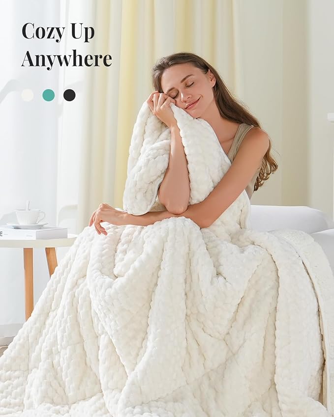 Topblan Weighted Blanket for Adults (60" x 80" 15lbs, Cream White), Soft Sherpa Queen Size Heavy Blanket, 3D Jacquard Flannel Fleece Weighted Blankets for Couch and Bed