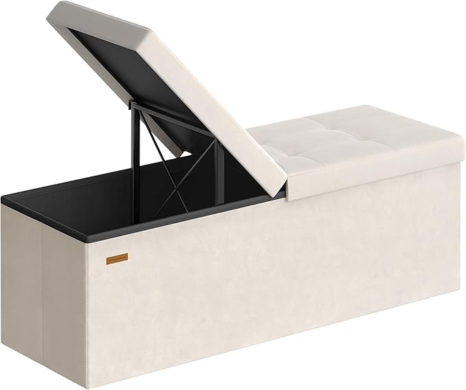 SONGMICS Mazie Collection - 43 Inches Storage Ottoman, Foldable Storage Bench with Flipping Lid, 660 lb Load Capacity, for Entryway, Living Room, Bedroom, Velvet Fabric, Cream White ULSF078LH01