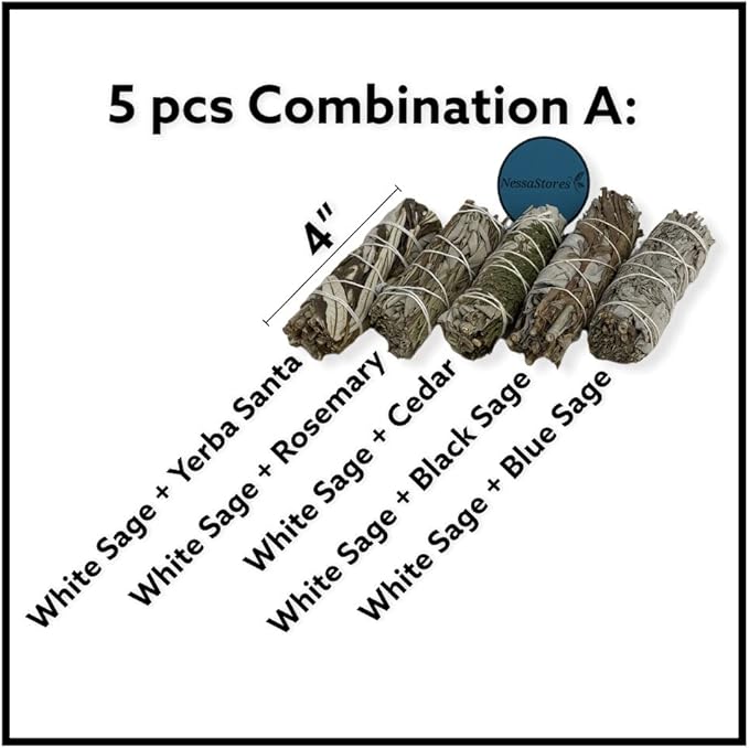 NESSASTORES - White Sage Mixture Smudge Sampler Kit 4" Bundles #JC-230 (1 Kit, 5 pcs Combination A)