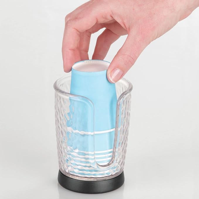mDesign Plastic/Steel Compact Small Disposable Paper Cup Dispenser Storage Holder for Rinsing Cups on Bathroom Vanity Countertops - Rain Collection - Clear/Black