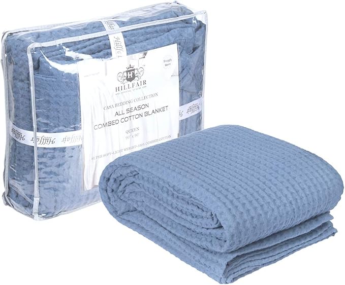 HILLFAIR 100% Combed Cotton Blanket– Twin Size Bed Blankets– Warm Soft All Season Breathable Lightweight Summer Blankets– Waffle Weave Home Decor Bed Blanket- Blue Twin Bed Cotton Blankets/Bedcovers