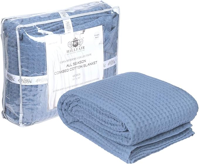 HILLFAIR 100% Combed Cotton Blanket–102x108 Inch California King Size Bed Blankets– Warm Soft All Season Breathable Blankets– Extra Large Oversized California King Blanket- Sky Blue Cotton Blankets