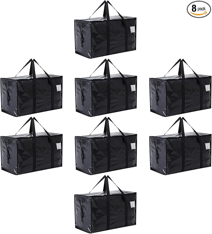 Moving Bags Heavy Duty Extra Large, Moving Boxes, Moving Supplies Essentials, Blue Storage Bins with Lids, Plastic Packing Totes, Storage Bags for Clothes with Handles & Zippers(Black, 8 Pack)