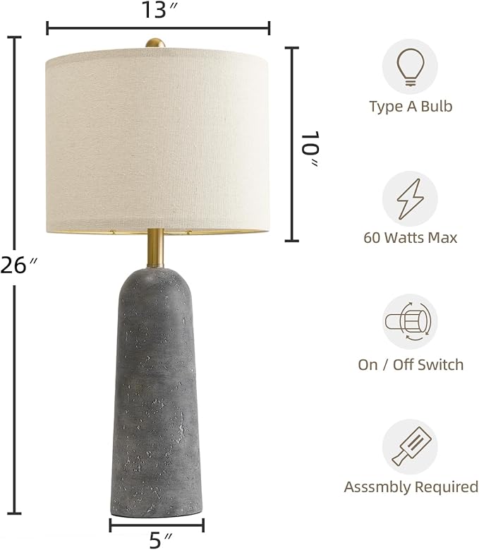 BOBOMOMO 27.25" Modern Table Lamp Set of 2, Gray Resin Lamp with Natural Stone Look, Lamps for Living Room with Linen Shades, Nightstand Lamp for Bedroom, Living Room, Entryway