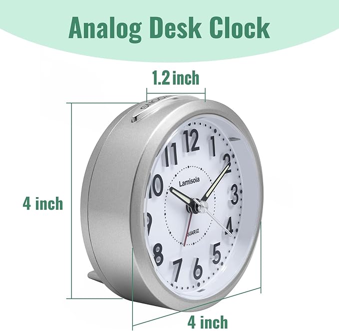 4 Inch Analog Battery Travel Alarm Clocks for Bedrooms, Small Desk Clock, Alarm Clocks for Bedrooms Bathroom Kithchen Home Office, Old School Bedside Table Nightstand Clock Decor, Silver