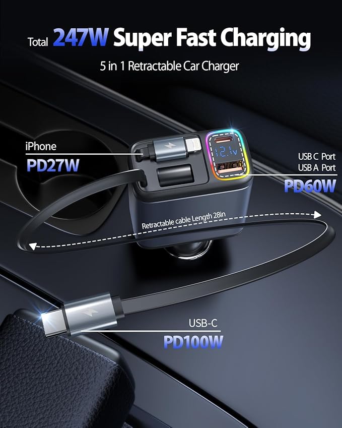 247W Retractable Car Charger with Voltage Monitor&Multicolored Light,5 in 1 USB C Car Charger with 2 Retractable Cable for iPhone 16 15 Pro Max Plus,Laptop,MacBook Air/Pro,Samsung Galaxy S25 S24,iPad