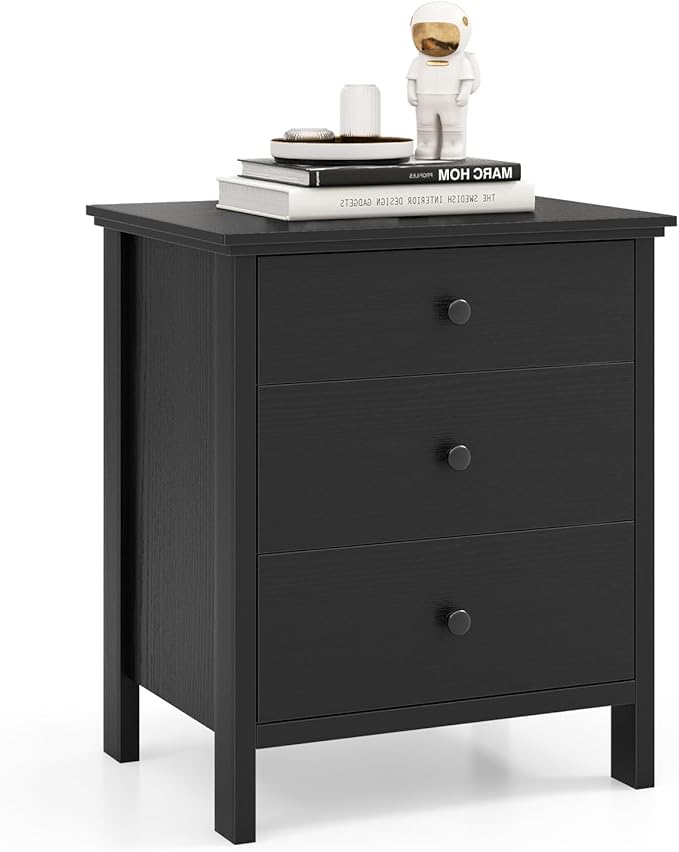 Giantex Nightstand with 3 Drawers, Wooden Side End Table with Solid Wood Legs, Retro 3-Drawer Bedside Table Night Stand for Bedroom Home Office Small Space, Easy Assembly, Black