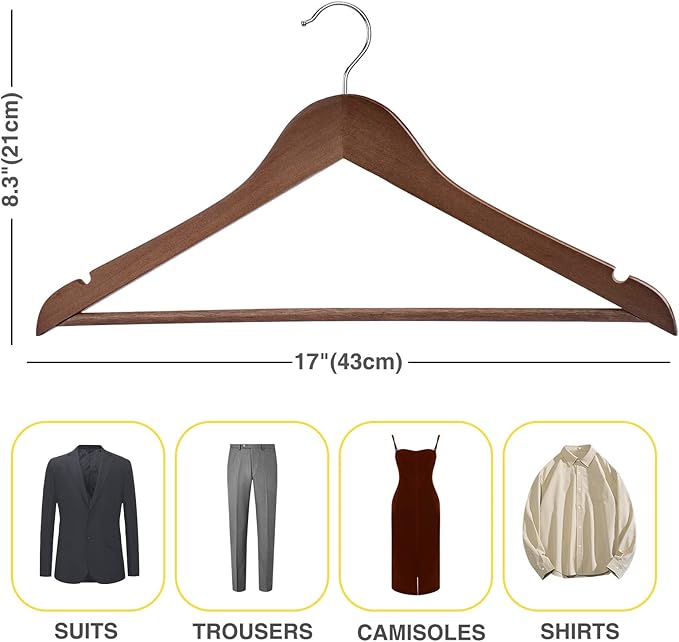 Wooden Hangers - 20 Pack - Clothes Hanger for Daily Used,Heavy Duty Wood Hangers with Precisely Cut Notches,Coat Hanger for Closet, Clothes Hangers for Shirt Suit Dress (Walnut)