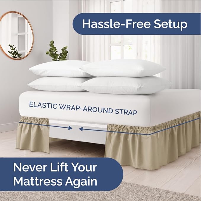 Wrap Around Dust Ruffle Bed Skirt - Beige - for Full Size Beds with 18 Inch Drop - Easy Fit Elastic Strap - Adjustable Pleated Bedskirt w/Brushed Fabric - Wrinkle Free - for Women, Men, Kids & Teens