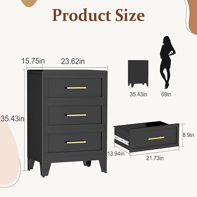 Metal Small Dresser for Bedroom, Black Dressers & Chest of Drawers, 3 Drawer Dresser with Curved Corner, Storage Cabinet for Living Room, Entryway, Home Office (Black, 24" W)