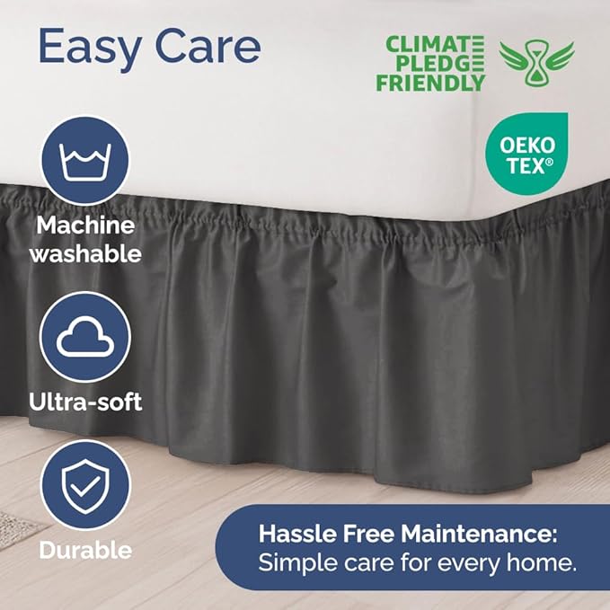 Wrap Around Dust Ruffle Bed Skirt - Charcoal - for Full Size Beds w/ 15 Inch Drop - Easy Fit Elastic Strap - Adjustable Pleated Bedskirt w/Brushed Fabric - Wrinkle Free - for Women, Men, Kids & Teens