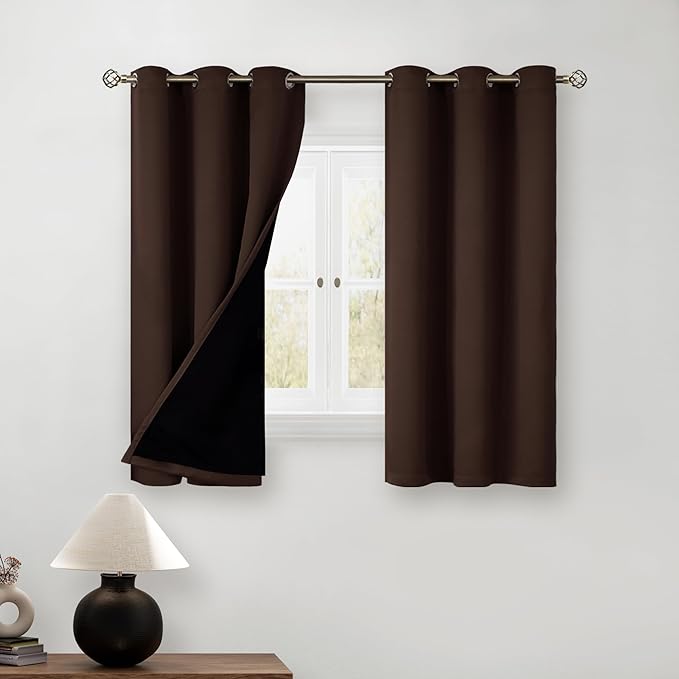 BGment Short 100% Blackout Curtains for Bedroom, Thermal Insulated Energy Efficiency Noise Reducing Grommet Curtains 54 Inch Length with Liner for Small Window 2 Panels Each 42 Inch Wide, Brown