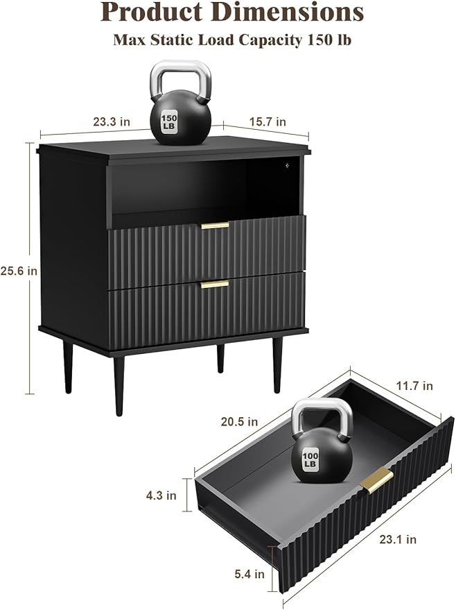 Modern Nightstand with Charging Station, 2-Drawer Fluted Wood Bedside Table with USB, Type-C & AC outlets, Open Storage. Perfect for Your Bedroom (Black, 23.3")
