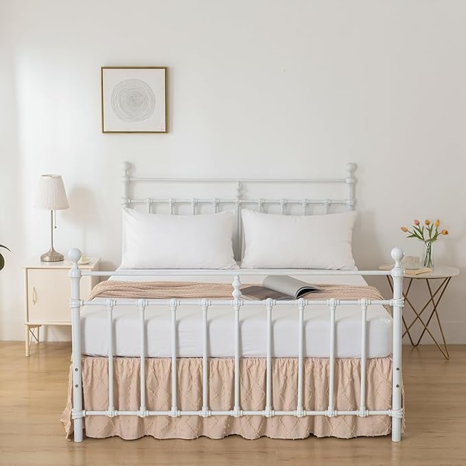 Bed Skirt Queen Size Ruffled Bed Skirt with Split Corners, 12 Inch Drop Dust Ruffle Bed Skirts with Platform, Boho Tufted Shabby Chic Queen Size Bed Skirts, Cream