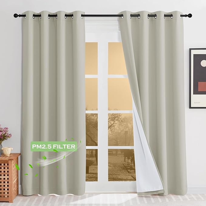 KGORGE 4-in-1 Soundproof Anti Dust 100% Blackout Curtains with Melt-Blown Layer Noise Reducing Thermal Insulating Window Drapes for Bedroom Nursery, W 52 x L 84, Nature, 2 Panels