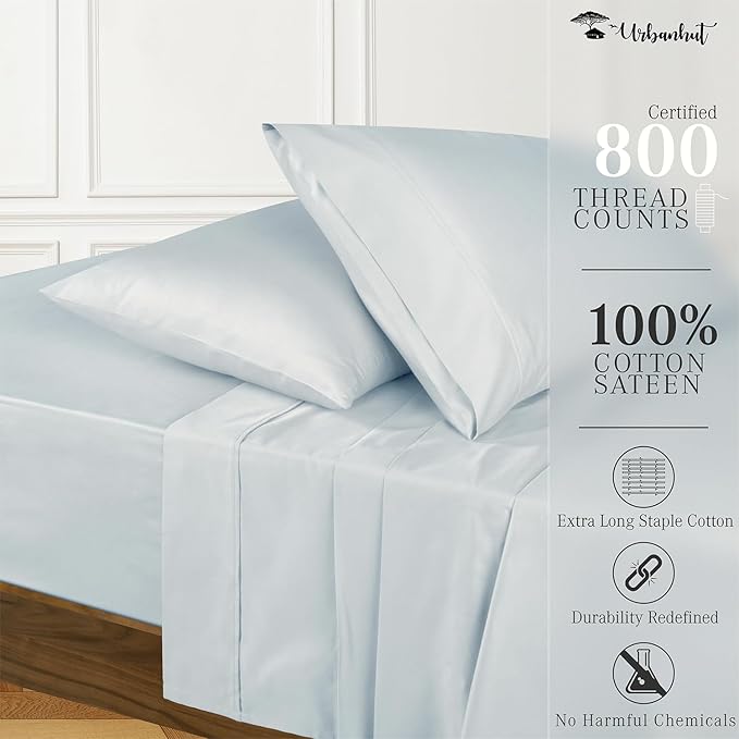 URBANHUT 800 Thread Count 100% Cotton California King Size Sheets, Luxury 4 Piece Cal King Bedsheets, Hotel Sheets Sateen Finish - Better Than Egyptian, 16" Elasticized Deep Pocket - Light Blue