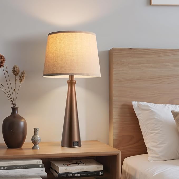 Seealle Modern Table Lamps Set of 2 - Touch Bedside Lamp for Nightstand with Dual USB C+A,3-Way Dimmable Brown Nightstand Lamps for Living Room Bedroom End Table with Oat Shade(Bulb Included)