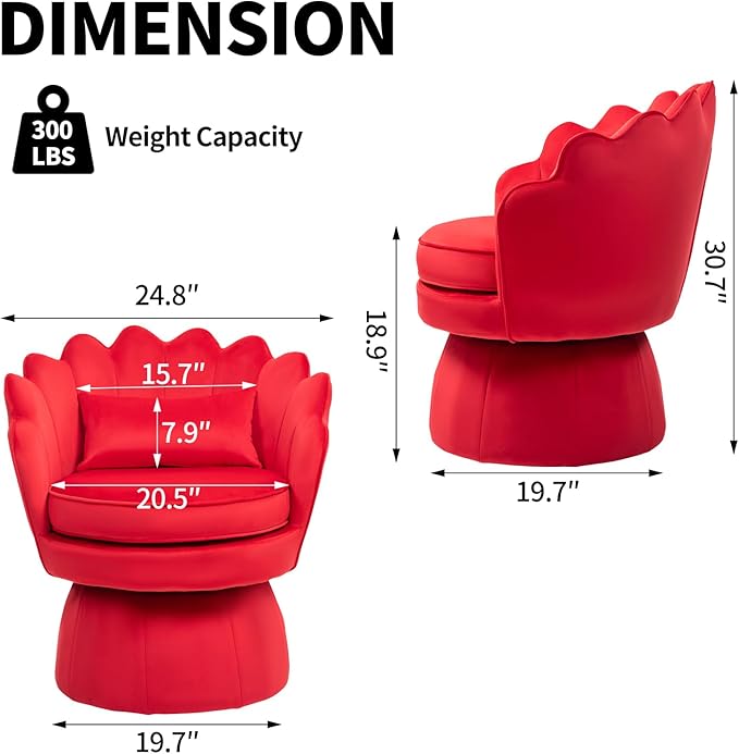 360° Swivel Accent Chair, Mid-Century Modern Velvet Barrel Chair, Comfy Shell Shape Arm Chair with Lumbar Pillow for Living Room, Bedroom, Office, Rose Red