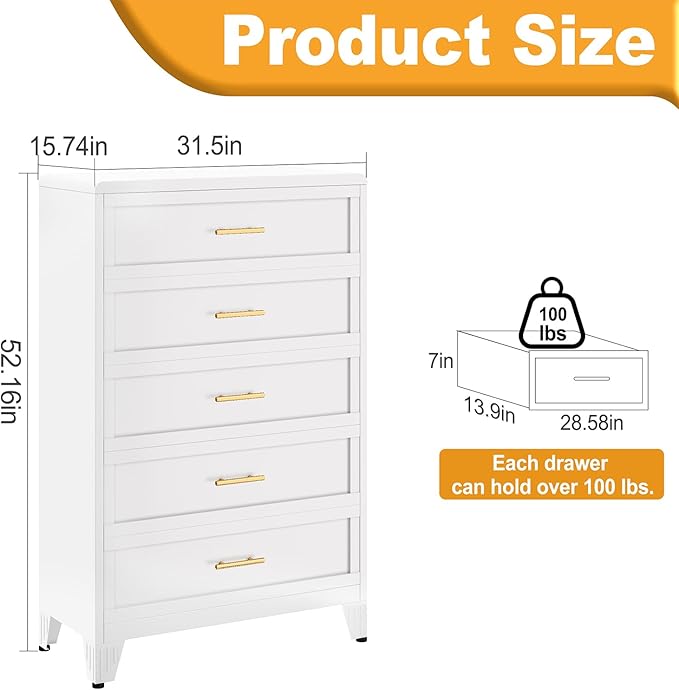5 Drawer Dresser, Metal Tall Dresser for Bedroom, White Bedroom Dressers with Drawers, Curved Corner Design Dressers & Chest of Drawers, Storage Cabinet for Hallway, Entryway (White)