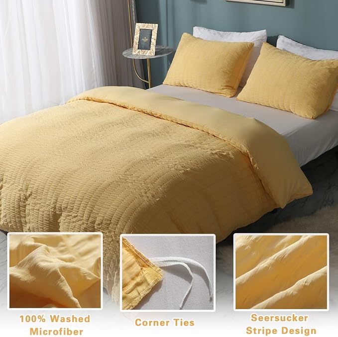 AveLom Seersucker Duvet Cover Set Queen Size (90 x 90 inches), 3 Pieces (1 Duvet Cover + 2 Pillow Cases), Yellow Ultra Soft Washed Microfiber, Textured Duvet Cover with Zipper Closure, Corner Ties