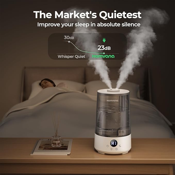 Homvana Humidifiers for Bedroom Home, 3.6 L Cool Mist Top-Fill 34H Super Long Time, Quiet 23dB, Baby Humidifier, Oil Diffuser for Large Room, Plants, Nursery, Office BPA FREE, 7 Color Light Ultrasonic