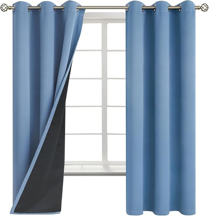 BGment Thermal Insulated 100% Blackout Curtains for Bedroom with Black Liner, Double Layer Full Room Darkening Noise Reducing Grommet Curtain (42 x 63 Inch, Denim Blue, 2 Panels)