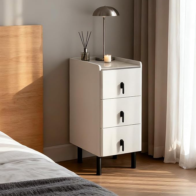 Lamberia Narrow Nightstand with 3 Drawers, Narrow Side Table, Small Bedside Table for Bedroom, Living Room, End Table for Small Space, Cream White，9.8''W x 15.8" D x 23.5" H