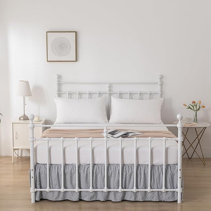 Tufted Dot Bed Skirt Full Size Ruffled Bed Skirt with Split Corners, 18 Inch Drop Dust Ruffle Bed Skirts with Platform, Light Grey