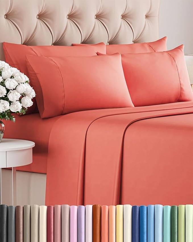 King 6 Piece Sheet Set - Cooling, Comfy & Breathable - Hotel Luxury Bedding, Includes Fitted Sheet for Women, Men, Kids and Teens - 1 Flat, 1 Fitted Sheet, 4 Pillowcases with Deep Pockets - Coral