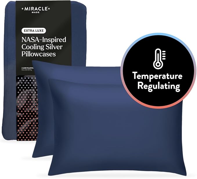 Miracle Made Extra Luxe Soft Cooling Pillowcase, 2-Piece Silver-Infused Cotton Fabric – Lightweight, Thermoregulating, Breathable Cover for Sensitive Skin, Standard Size, Navy Blue