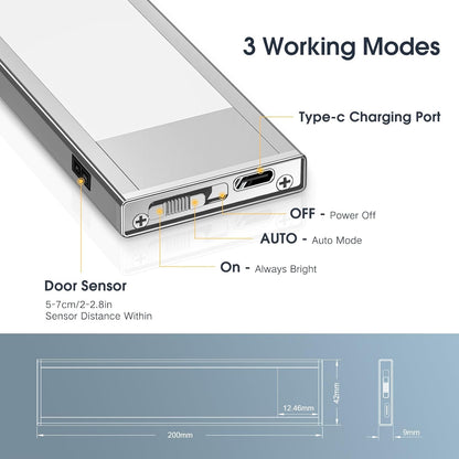 VST Rechargeable Drawer Lighting, Door Open Automatic ON/Off Light, Stick-ON LED Cabinet Light for Wardrobe Kitchen Basement Trunk Pantry Gun Safe (2 Pack, Warm Light - 3000K)