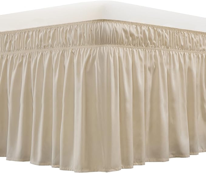 MEILA Wrap Around Bed Skirt Three Fabric Sides Elastic Dust Ruffled 24 Inch Tailored Drop,Easy to Install Fade Resistant-Beige, Queen/King