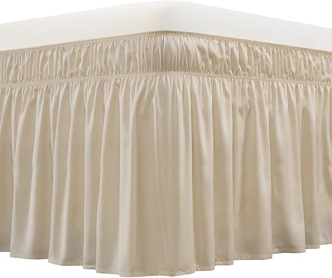 MEILA Wrap Around Bed Skirt Three Fabric Sides Elastic Dust Ruffled 24 Inch Tailored Drop,Easy to Install Fade Resistant-Beige, Twin/Full