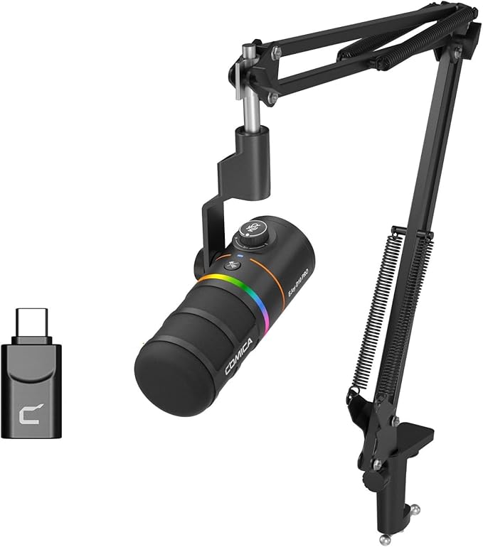 COMICA D10 Pro A Wireless/XLR/USB Dynamic Microphone with Receiver Boom Arm Stand- Dual Channel Cardioid Mic, 45H Battery, RGB Lights, CalMix Denoise for Gaming/Streaming/PD(PC, PS4/5, Mac,Phone)Black