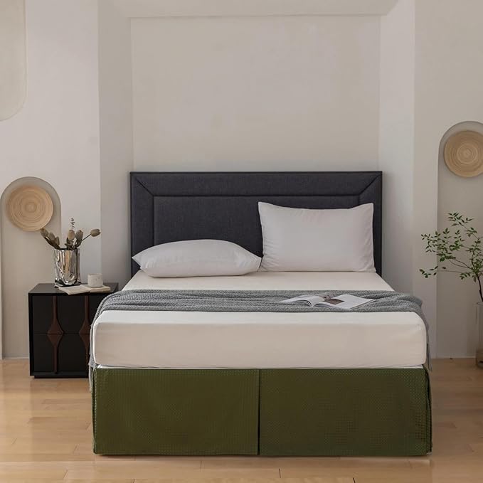 Full Bed Skirt, Wrap Around Bed Skirt with Pleated Corner, 14 Inch Drop Pleated Waffle Weave Bedskirts, Anti-Slip, Microfiber, Green, 14'' Full