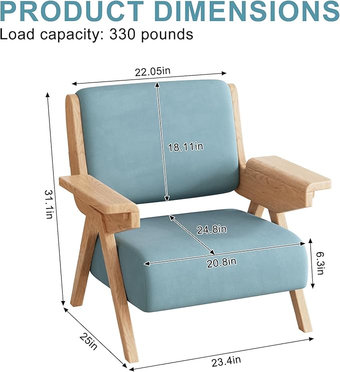 Accent Chair Mid Century Modern Chair, Velvet Upholstered Lounge Arm Chair with Solid Wood, Cozy Reading Chair for Living Room, Bedroom, Balcony (Blue)