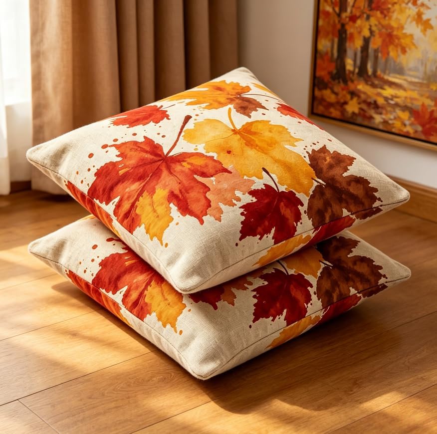 Fall Throw Pillow Covers, Autumn Maple Leaf Watercolor Print, 18x18 Inch - Image 4