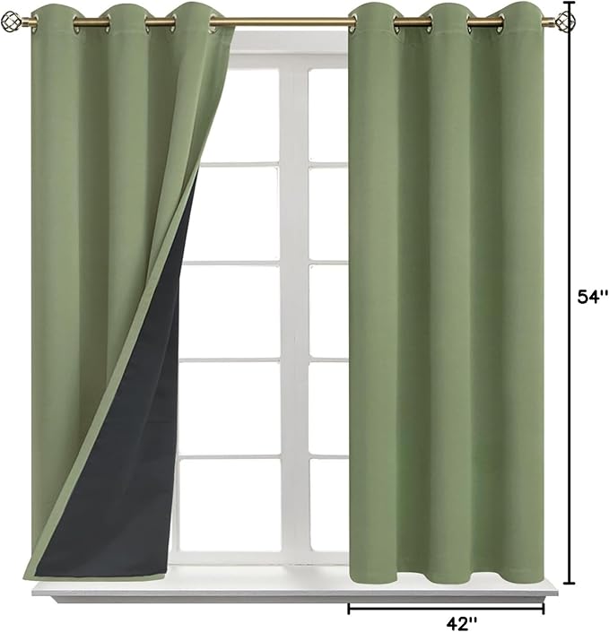 BGment Short 100% Blackout Curtains for Bedroom, Thermal Insulated Energy Efficiency Noise Reducing Grommet Curtains 54 Inch Length with Liner for Small Window 2 Panels Each 42 Inch Wide, Grass Green