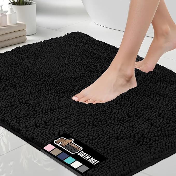 GORILLA GRIP Bath Rug Mat 48x17, Thick Soft Absorbent Chenille, Quick Dry Microfiber Mats, Rubber Backing Washable Shower Floor Rugs, Bathmat Runner, US Designed Bathroom Home Decor Accessories Black