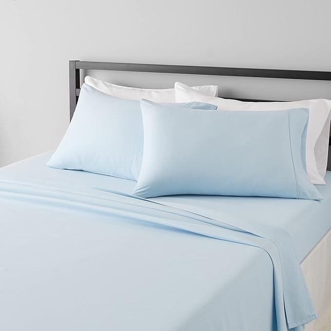 Amazon Basics Lightweight Super Soft Easy Care Microfiber 4-Piece Bed Sheet Set with 14-Inch Deep Pockets, Solid, King, Light Blue